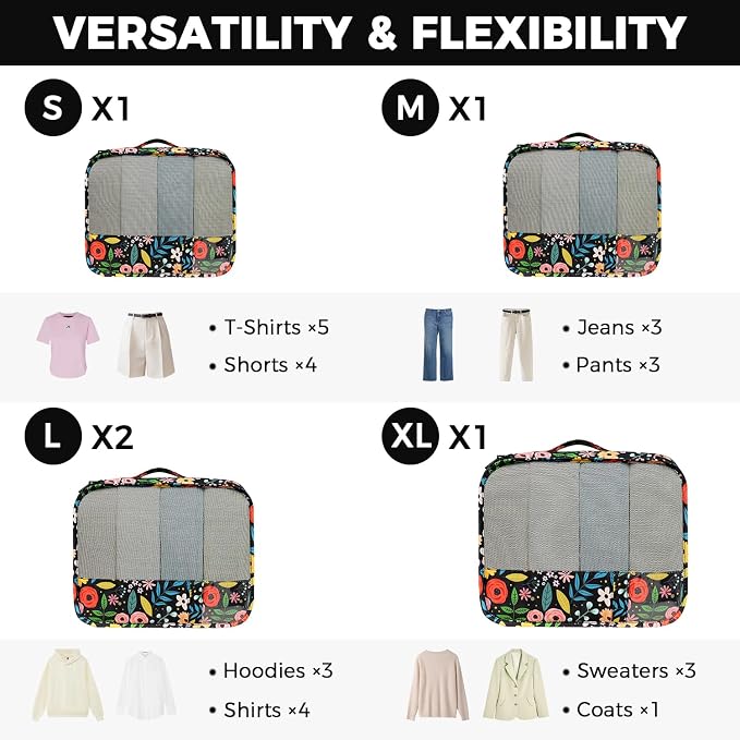 BAGAIL 9 Set Packing Cubes with Packing List Luggage Packing Organizers for Travel Accessories (Black floral) - Image 2