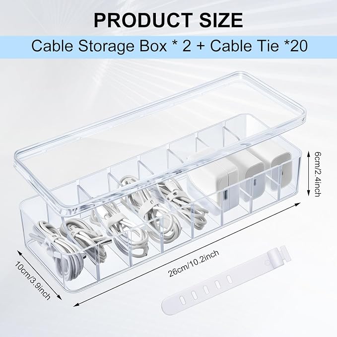 Tatuo 2 Pcs Cord Organizer for Drawer Desktop, Cable Organizer Box with 8 Compartments and Wire Ties, Plastic Charger Storage with Lid, Electronics Case for Home Office Accessories (Small,Clear) - Image 2