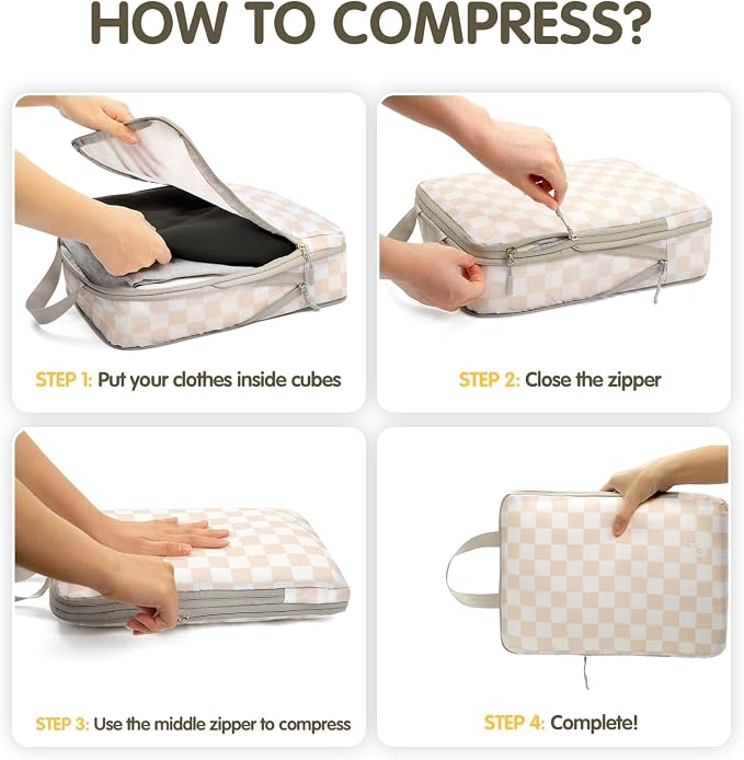 8 Set Compression Packing Cubes Travel, Lightweight Durable Packing Compression Cubes, Accessories Bags Packing Cubes for Travel Luggage Organizer (Khaki Checkered) - Image 9