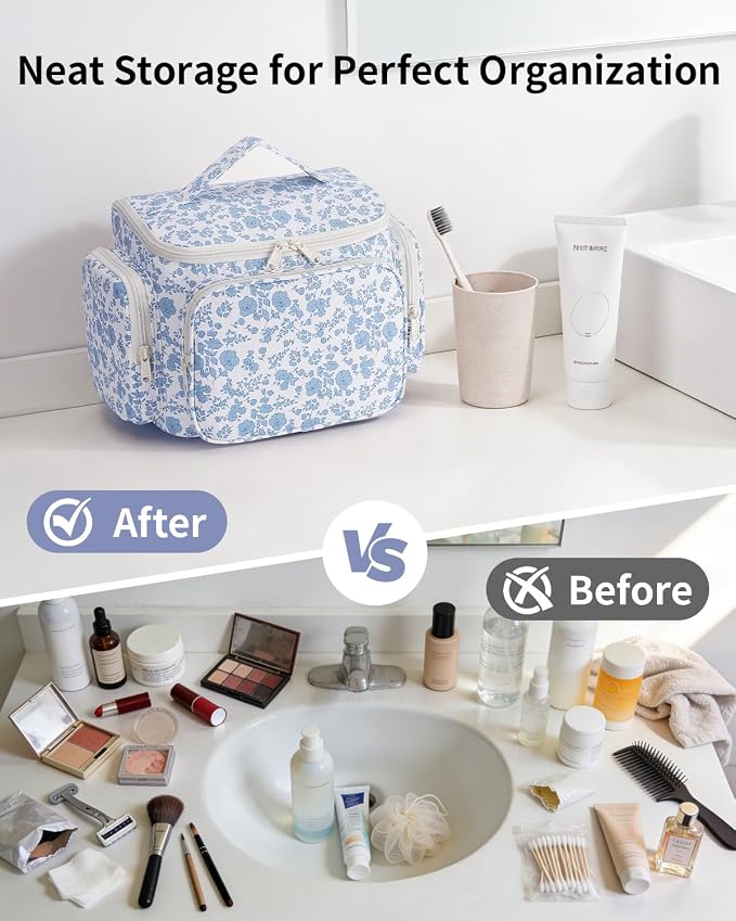 Narwey Hanging Travel Toiletry Bag for Women, Large Makeup Cosmetic Bag | Wide Open, Organized Pocket, Dry Wet Separation, Portable Bathroom Travel Bag for Full Size Toiletries, Vivid Pattern, Gifts - Image 8