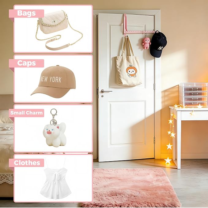 Pink Over the Door Hanger for Clothes Foldable for Space Saving | Heavy-duty for up to 1 3/4" thick door, with 11 slots for hanging clothes, perfect for laundry rooms and bedrooms to hang - Image 2