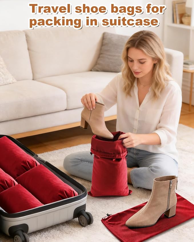 4 Pcs Single Shoe Bags for Travel, Dust Velvet Bag, Rio Red, 17.3x8.6 Inch | Washable & Reusable Travel Shoe Bags, Dustproof Shoe Bags with Drawstring Closure, Suitable for Travel, Home Storage - Image 5