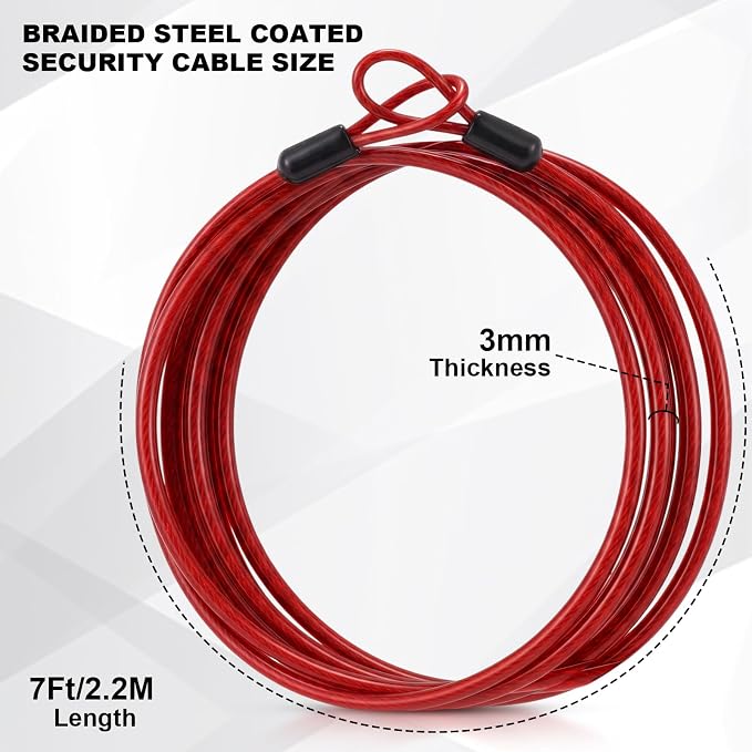 12 Pack Security Cable Luggage Lock with Loops 7 ft 3mm Braided Steel Coated Bike Cable Wire Double Loop Anti Theft Safety for U Lock, Padlock and Disc(Black,Red) - Image 3