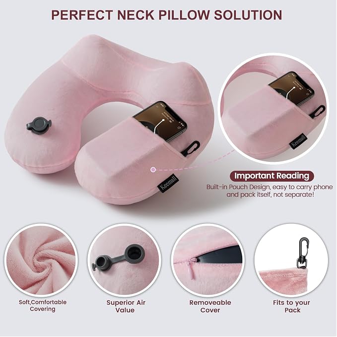 Keemall Inflatable Travel Neck & Shoulder Pillow for Airplanes&Long Trips | Soft Luxury Velvet Neck Support with Washable Cover, for Flights, Camping & Office, Great Travel Gift for Women & Girls, Pink - Image 5