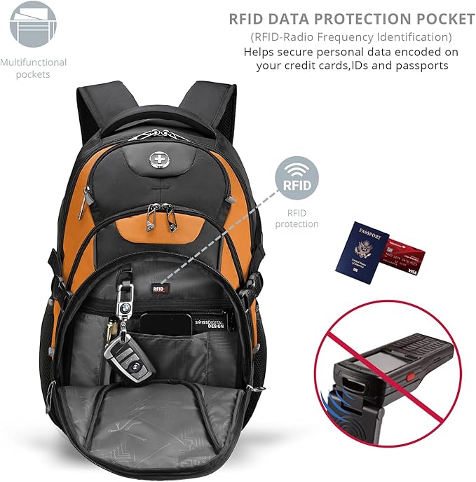 Swissdigital Design Laptop Backpack with USB Charging Port, Travel Backpack Fits 15.6 inches Computer, 31L College School Backpack for Men, Orange/Black | SD803-66 - Image 5