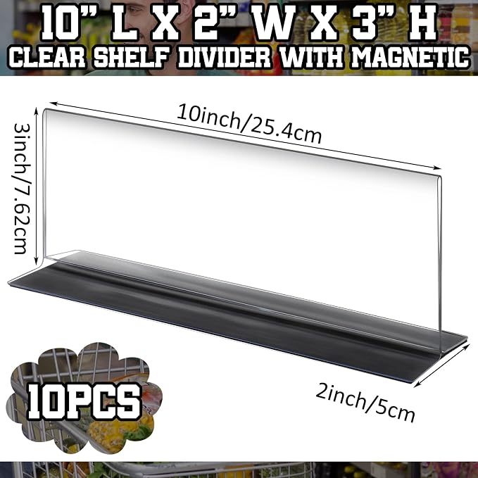 10 Pcs Clear Shelf Divider with Magnetic 10" L X 2" W X 3" HPlastic Shelf Separator Closet Divider, Clapboard Baffle for Storage Bedroom Bathroom Kitchen Office Supermarket Organization - Image 2