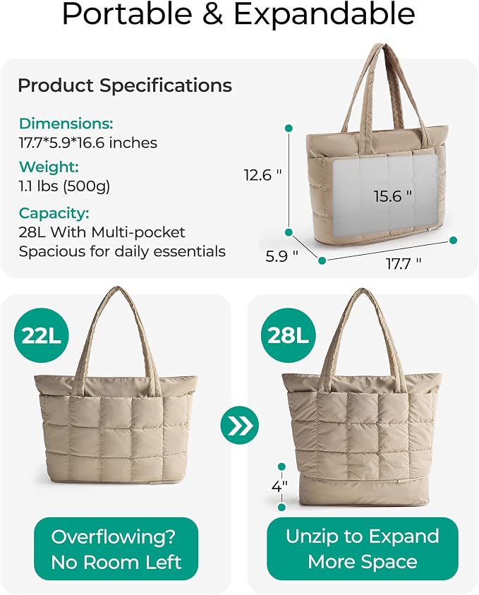 BAGSMART Expandable Tote Bag for Women, Puffer Work Tote Travel Bag | Quilted Carry On Bag for Travel Work Gym College, Waterproof Travel essentials - Image 3