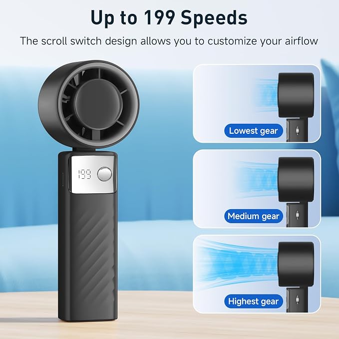 YOSHENMO Portable Handheld Turbo Fan - Foldable Mini Fan with Air Turbo Tech, 1-199 Speed Adjustment, 20H Runtime, LED Display, Battery-Powered for Indoor/Outdoor Use, Dark Black - Image 3