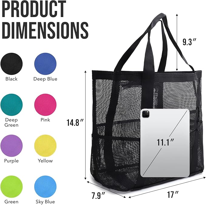 Large Mesh Beach Tote Bag, 9-Pocket Foldable Summer Vacation Beach Bag for Travel, Pool, Gym, Cruise - Image 3