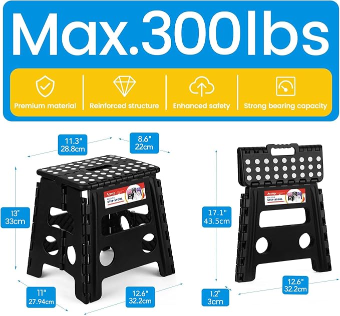 13 Inch Folding Step Stool, Non-Slip Surface for Adults/Kids, Black | Collapsible Heavy Duty Foldable Stools, Portable Foot Stepping Stool Holds 300 lb, Kitchen Bathroom Outdoor, with Handle - Image 4