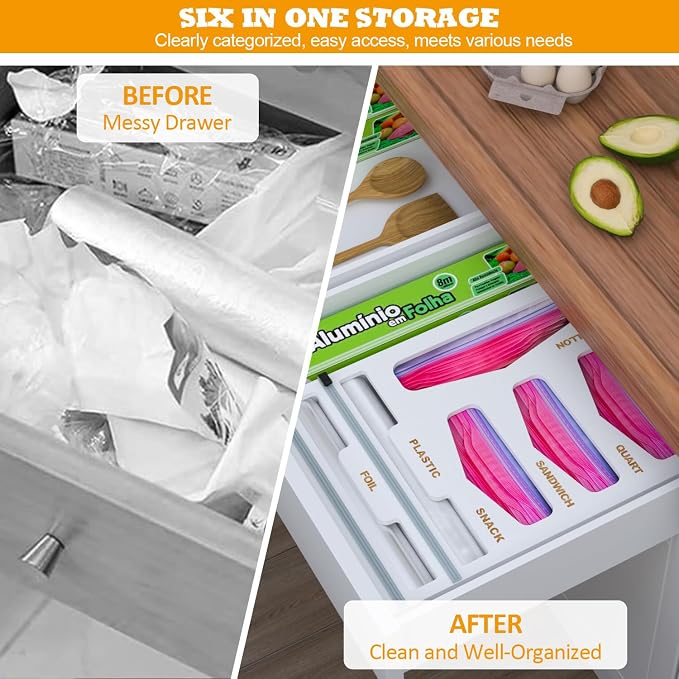 DALSHABET Bamboo Bag Organizer with Magnetic Closure, 6 In 1 Kitchen Drawer Foil and Plastic Wrap Dispenser with Cutter, Storage bag for Gallon, Quart, Sandwich, Snack White - Image 4