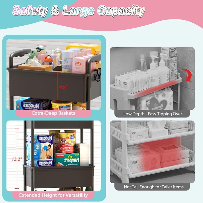SUNALLY Baby Diaper Caddy Cart,3 Tier Rolling Diaper Cart for Nursery | Large Capacity & Easy Assemble Diaper Storage Organizer with Lockable Wheels for Newborn, New Mom, Baby Girl Boy Essentials - Image 3