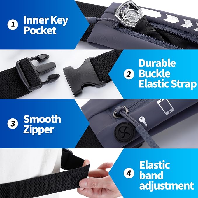 USHAKE Slim Running Belt for Women Men-Runners Phone Holder Fanny Pack, Adjustable, Bounce Free Waist Pouch bag for Workout, Money Belt, Run Gear Accessories Dark Grey - Image 5