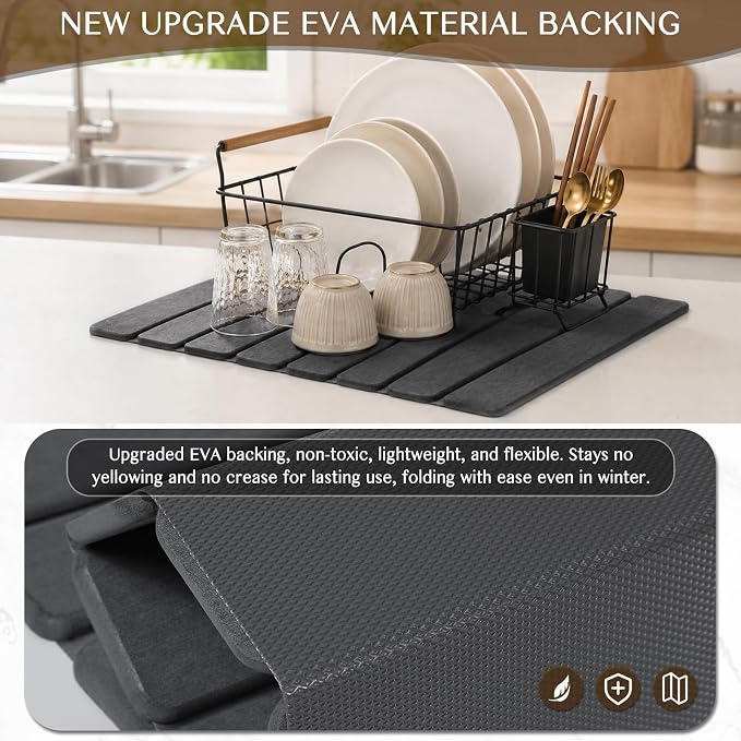 Stone Dish Drying Mat for Kitchen Counter, Thin & Light Quick Dry Stone Dishes Mat, Foldable Water Absorbing Diatomite Drying Pad for Kitchen Bathroom Sink Countertop (Pure Gray 20"x14") - Image 4