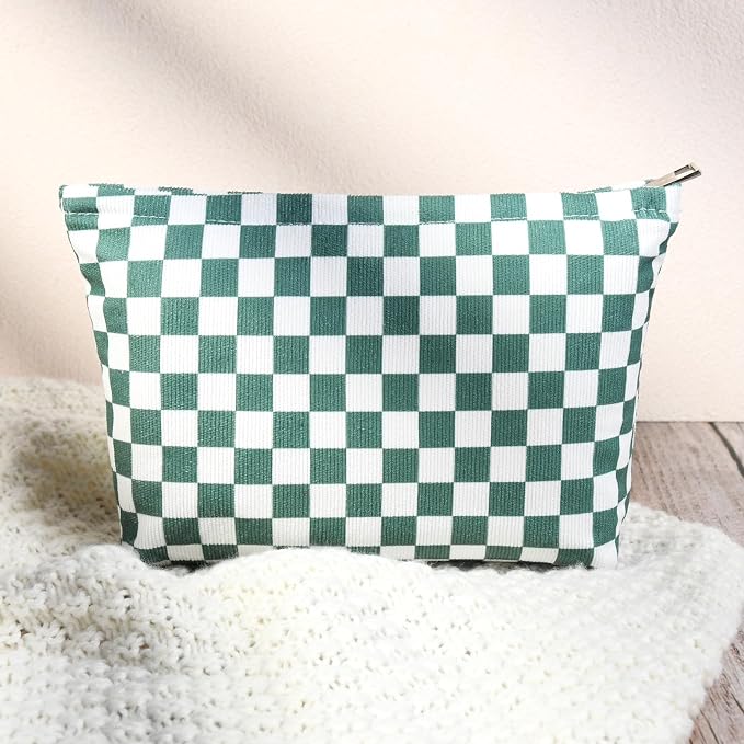 SOIDRAM 2 Pcs Checkered Makeup Bag Large Cosmetic Bag Toiletry Bag Makeup Pouch Travel Bag Organizer Cute Makeup Brushes Aesthetic Accessories Storage Bag for Women Olive Green - Image 5