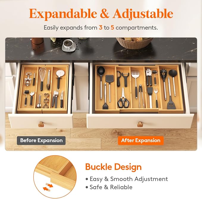 Lifewit Bamboo Utensil Organizer for Kitchen Drawer, Cooking Utensil Tray | Expandable Cutlery Silverware Flatware Holder, Wood Adjustable Spatula Tools Storage Divider, 15.6-28 x 18.5", Natural - Image 7