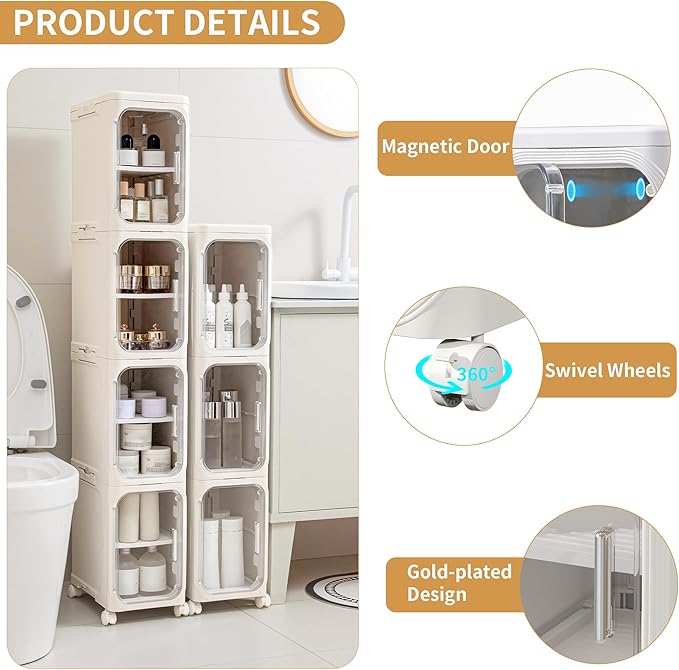 3-Tier Slim Narrow Bathroom Storage Cabinet, Cream White | Tool Free Assembly, Adjustable Shelves, Fits for Narrow Spaces, Reinforced Stability, Magnetic Clear Door - Image 4