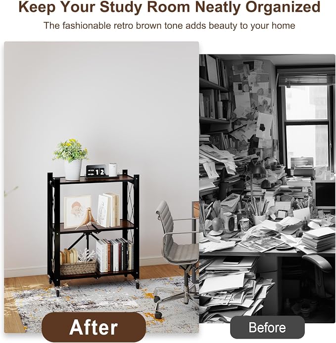 3 Tier Folding Shelf with Wheels, Wood and Metal Bookshelf | No Assembly Foldable Storage Shelves, Vintage Storage Rack for Living Room, Bedroom, and Home Office - Image 5