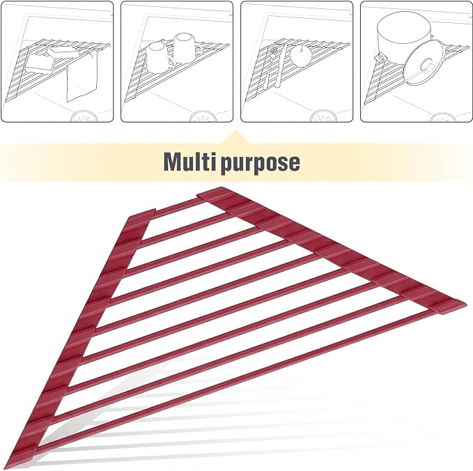 Tomorotec Roll Up Dish Drying Rack with Silicone Coating, Wine Red | 304 Stainless Steel with BPA-Free Silicone, Triangle Design Maximizes Sink Corner Space, Fits Compact Kitchens And RVs - Image 8