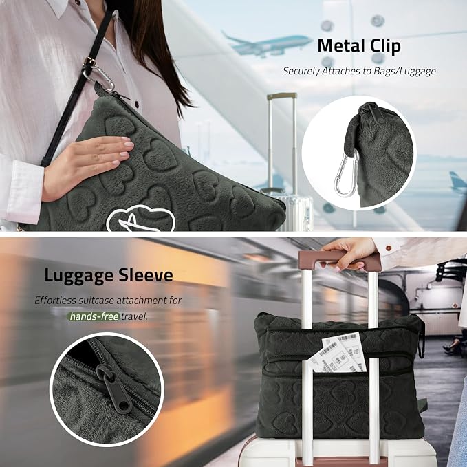 Travel Blanket, Airplane Blanket, Ultra-Soft, Warm & Lightweight, 65x40 in, Outdoor Blanket Essentials for Women, Men & Kids, Included Eye Mask, Luggage Sleeve & Backpack Clip Heart Grey - Image 5