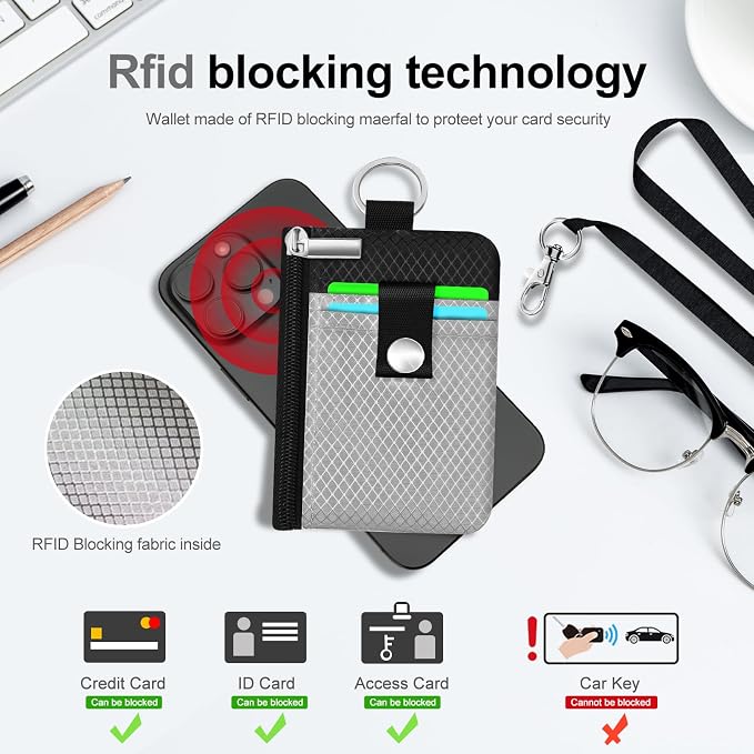 Minimalist RFID Blocking Small Wallet with ID Window,WaterResistant Zip Id Case Wallet with Lanyard Keychain for Cards,Cash,Travel,Women,Men (Light gray/Black) - Image 4