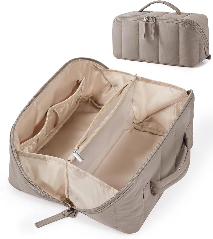 BAGSMART Puffy Travel Makeup Bag Toiletry Bag for Women, Brown | Open Flat, Portable, Make Up Organizer, Water-resistant, Puffy Padded, For Toiletries, Brushes by BAGSMART