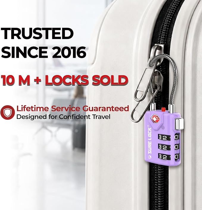 SURE LOCK TSA Approved Luggage Locks with Open Alert Indicator, 3 Digit Combination Cable Travel Lock for Suitcase, Backpack, Gym Locker, Toolbox & Travel Bag(2, Purple 2 Pack) - Image 2