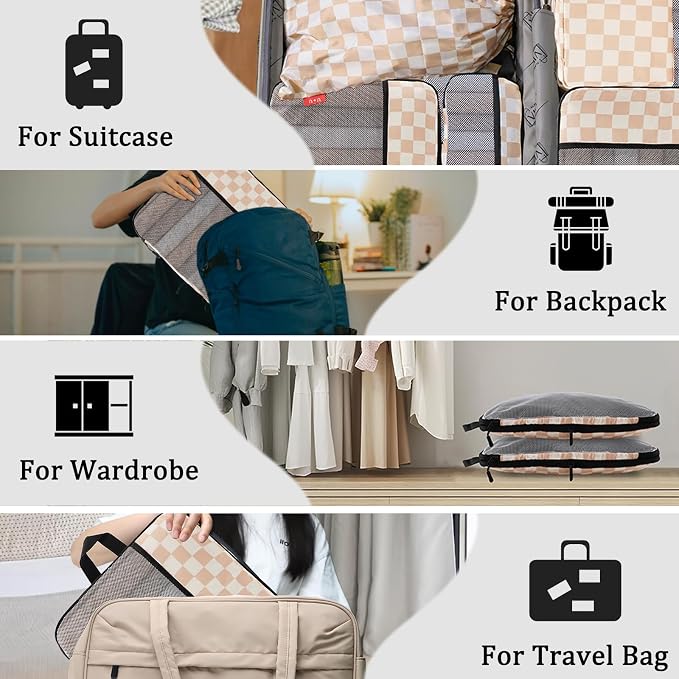 U+U 6 Set Compression Packing Cubes, Travel Organizers (Khaki Checkered) | Space-Saving & Drawstring Bag Included - Image 8