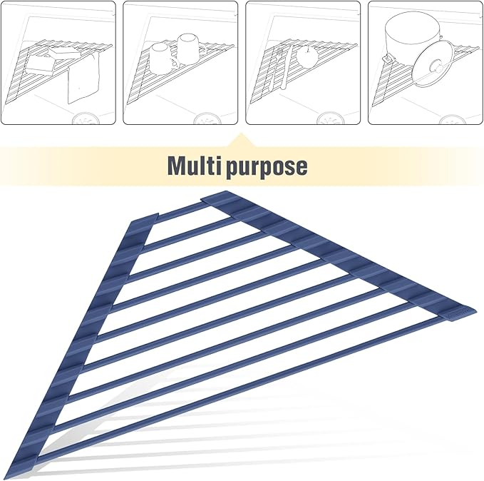 Tomorotec Roll Up Dish Drying Rack with Silicone Coating, Dark Blue | 304 Stainless Steel with BPA-Free Silicone, Triangle Design Maximizes Sink Corner Space, Fits Compact Kitchens And RVs - Image 7