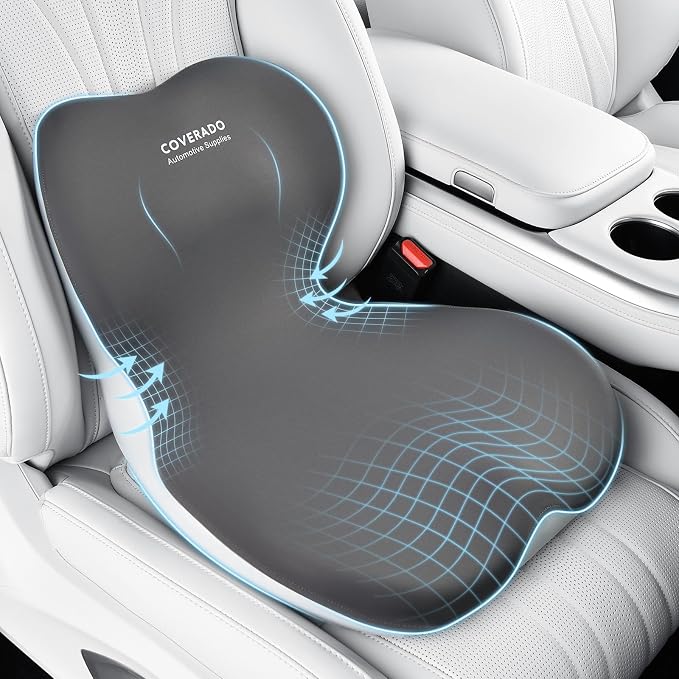 Coverado [Upgraded] Car Seat Cushion and Lumbar Support Pillow One Piece, Memory Foam Ergonomic Back Support Driving Seat Cushion for Back Pain, Non-Slip Washable Cushion for Car, Driver, Office by COVERADOAUTO