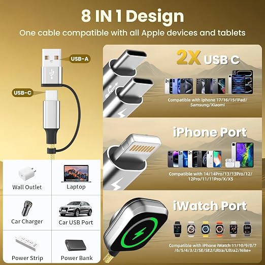 Travel Essentials Multi Charging Cable for iWatch Charger/iPhone 17, 5FT | 4 IN 2 USBA/C Cable with Dual Type-C Ports, iPhone Watch Charger, Charging Cords for Multiple Devices, Travel Multi Charger - Image 2