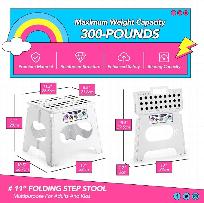Delxo Folding Step Stool,11 Inch Non-Slip Foldable Step Stools for Kids and Adults,Portable Foldable Step Stool Lightweight Small Folding Stool with Handle for Kitchen Bathroom in White,1 Pack | Foldable Step Stool 11",Non-Slip Foot Stools with Handle,... - Image 5