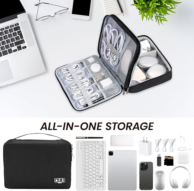 Electronic Organizer Travel Case, Double Layer Cable Organizer Bag | Double-layer design with adjustable dividers, mesh pockets and elastic loops for chargers, cables, power banks and gadgets - Image 6