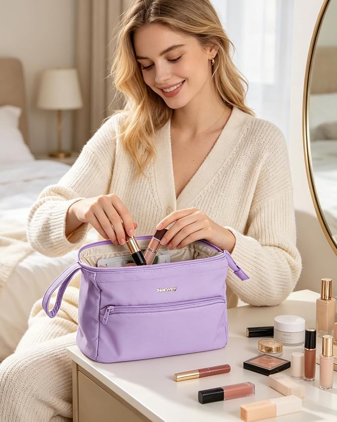 Narwey Large Travel Makeup Bag For Women Girls, Wide Open Cosmetic Bag, Portable Toiletry Bag for Cosmetics, Toiletries, Skincare, Brushes (Purple) - Image 8