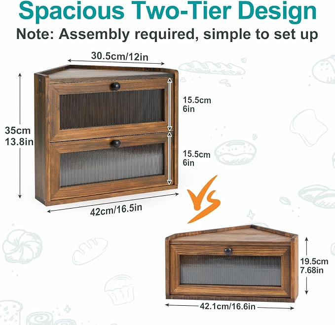 Sunhoo Bread Box for Kitchen Countertop Corner Large Wooden Bread Bin 2 Tier Rustic Food Storage Container with Acrylic Window Farmhouse Keeper Shelf Organizer for Loaves Pastries & Snacks (Brown) - Image 4