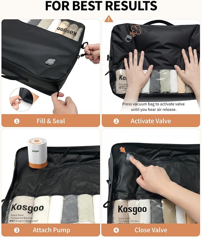 Vacuum Bags for Travel with Pump, Vacuum Compression Packing Bags for Travel Pack Vacuum Kit for Luggage Suitcase Carry On, IP67 Waterproof Odor & Tear-Proof Nylon (2 Pack with Pump, Black) - Image 3