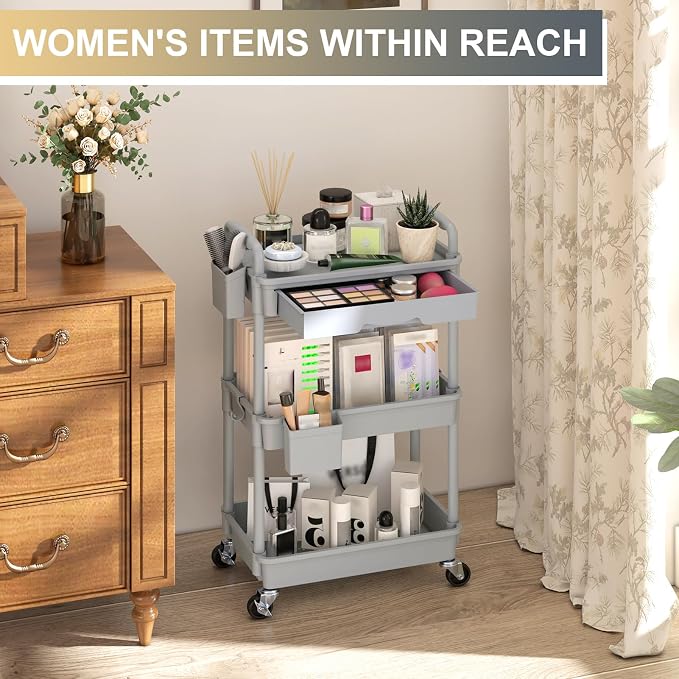 Goovilla 3 Tier Rolling Utility Cart Organizer with Removable Drawer, Grey | Stable and Sturdy Rolling Storage Carts with 2 Lockable Wheels for Bathroom, Kitchen, Snack, Craft, Makeup, Baby Essentials - Image 5