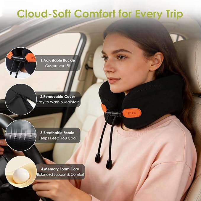 Premium Travel Pillow for Airplanes, Ergonomic Neck Pillow for Long Flights | 100% Pure Memory Foam Travel Neck Pillow with 360° Neck & Chin Support, U-Shaped Airplane Pillow, Petal-Shaped Support - Image 4
