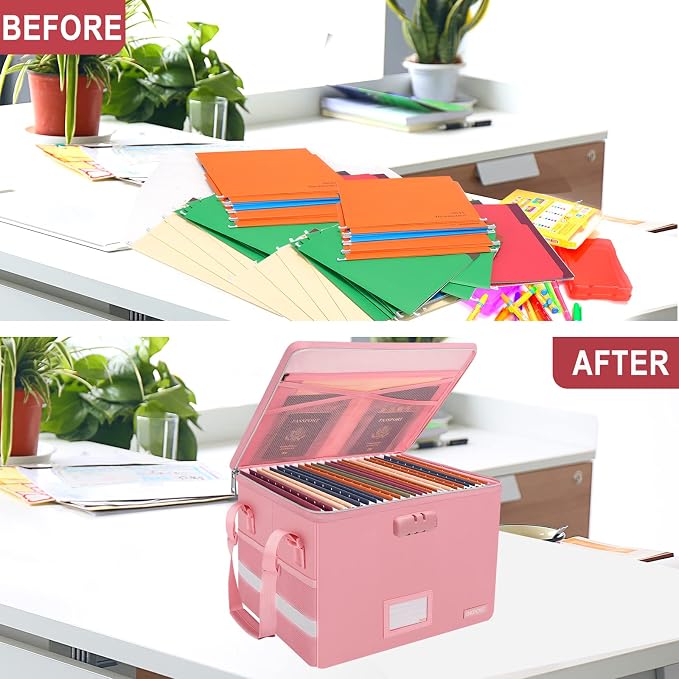ENGPOW File Box with Lock, Fireproof Document Box with Zipper＆Pockets, Collapsible File Organizer Filing Storage Cabinet with Handle, Portable Home Office Safe for Hanging Letter/Legal Folder, Pink - Image 7
