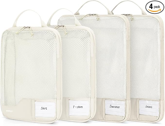 ECOHUB 4 Set Compression Packing Cubes for Travel Essentials, Suitcases Organizer Bags with Tag, Travel Bags Organizer for Luggage, Beige-Compress by ECOHUB