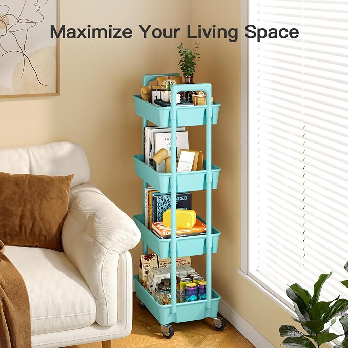 Pipishell 4 Tier Rolling Cart Organizer, Plastic Rolling Cart with Lockable Wheels & Reinforced Handle, Lightweight Utility Storage Cart for Nursery, Kitchen, Craft Room, Turquoise - Image 5