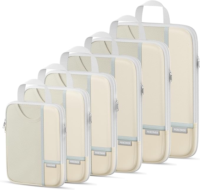 Percover Compression Packing Cubes for Travel, 6-Piece Structured Compression Organizer Set for Organized Packing & Carry-On Luggage, Beige by Unknown