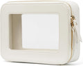 Clear Makeup Bag with Zipper, Women Travel Toilrty Bag White Medium | Structured Clear Cosmetic Case, Car Essential Organizer Bag, Waterproof PU Leather, Dual Zipper, Wide Opening and Compact by POPVIBE