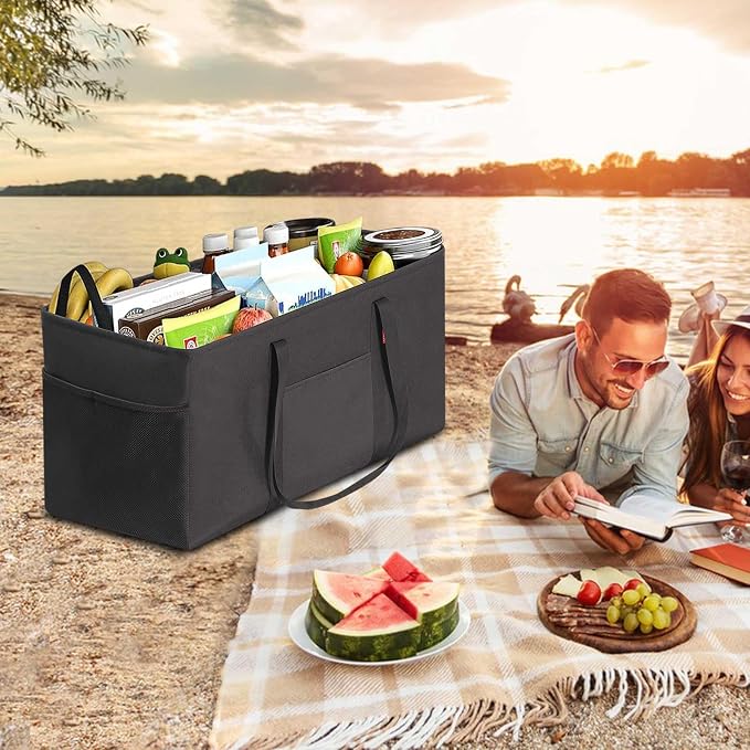 LHZK 2 Pack Extra Large Utility Tote Bag with Metal Wire Frame and the Sides Rinforced, Extra Large Tote Bag with Handle, Reusable Grocery Bags Foldable, Beach Bag, Car Tote (Black, 26''x15''x13'') - Image 6