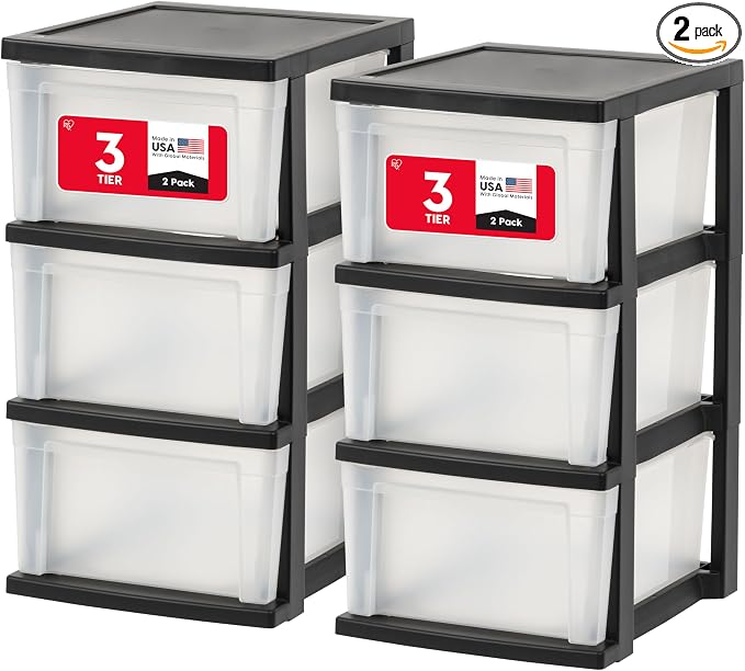 IRIS USA 3-Drawer Slim Narrow Storage Organizer, 2-Pack, Black/Clear | Organize craft supplies, school essentials, beauty items, and small household accessories with compact drawer storage by IRISUSA