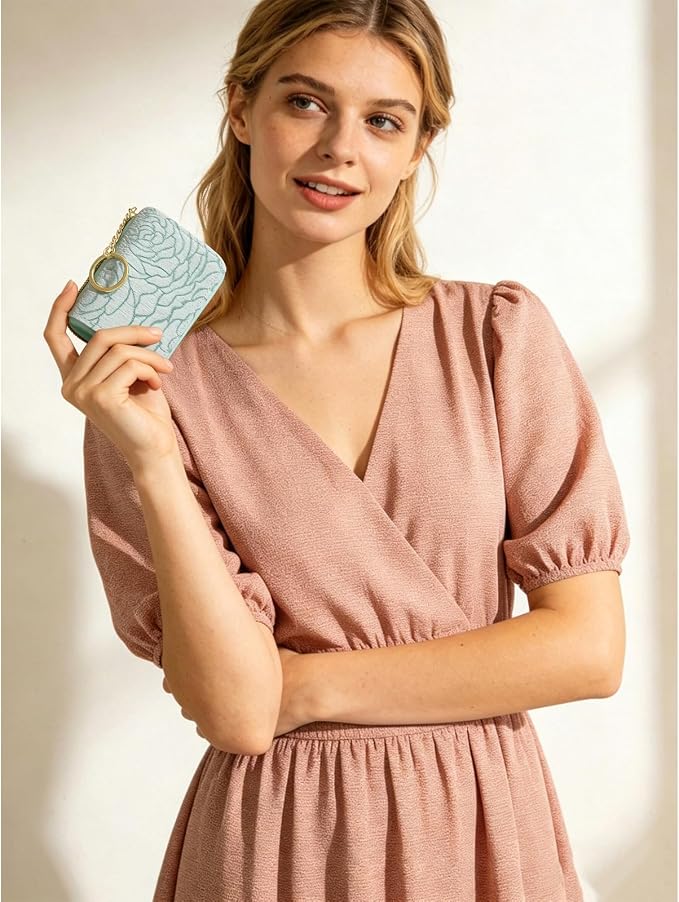 RNIEGA Credit Card Holder RFID Blocking Small Wallet for Women Vegan Leather Card Case Wallets with Zipper Keychain - Image 2