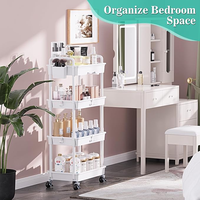 SUNALLY 4 Tier Rolling Cart with Drawer, Craft Storage Cart Organizer,White | Bathroom Storage Organizer with 2 Lockable Wheels, Rolling Utility Cart for Kitchen, Office, Baby, Makeup, Nail,Snack,Laundry - Image 7