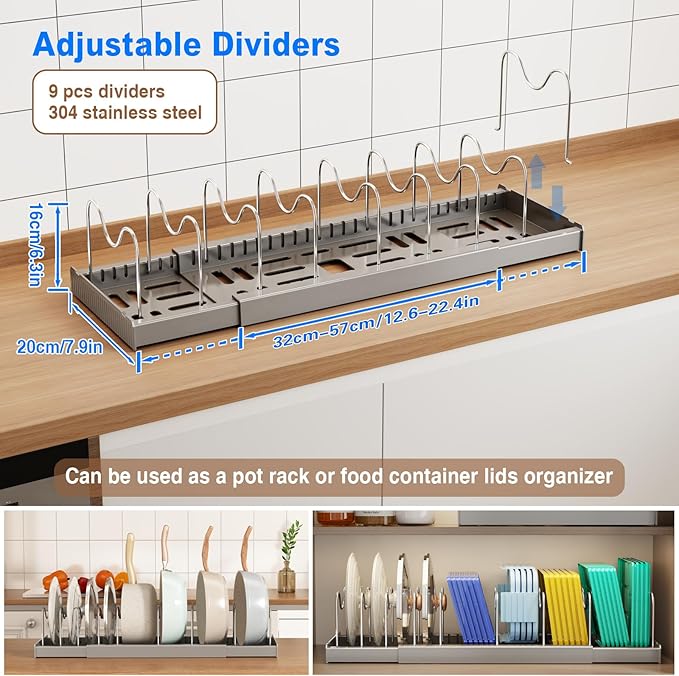 Mustorn Pots and Pans Organizer Under Cabinet, 22" Expandable Food Storage Container Lid Organizers with 9 Adjustable Dividers Pot and Pan Lid Holders Rack Inside Cabinet/Countertop(1 Pack, Gray) - Image 2