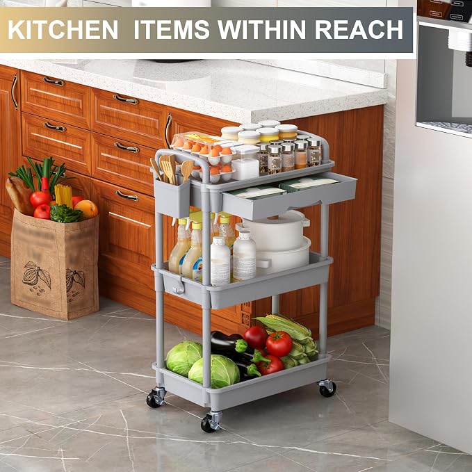 Goovilla 3 Tier Rolling Utility Cart Organizer with Removable Drawer, Grey | Stable and Sturdy Rolling Storage Carts with 2 Lockable Wheels for Bathroom, Kitchen, Snack, Craft, Makeup, Baby Essentials - Image 7