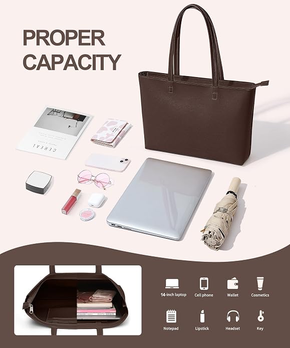 KALIDI Tote Bag Zipper Shoulder Bag Vegan Leather Purses Satchel for Women | Large Casual Handbag for Work Commuting Dating College Everyday - Image 3